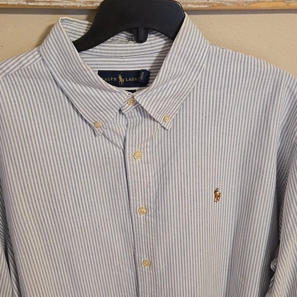 Men's Ralph Lauren Custom Fit White and Blue Pinstripe L/S Button Down Shirt